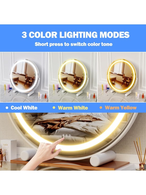 18" Vanity Mirror with Lights, LED Makeup Mirror, Large Round Mirror Lighted Makeup Mirror with Lights, Smart Touch Control 3 Colors Dimmable Mirror 360°Rotation White