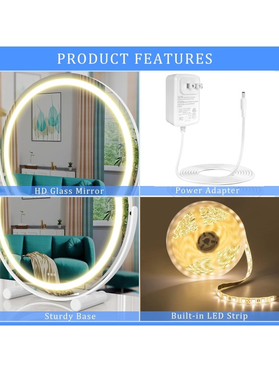 18" Vanity Mirror with Lights, LED Makeup Mirror, Large Round Mirror Lighted Makeup Mirror with Lights, Smart Touch Control 3 Colors Dimmable Mirror 360°Rotation White