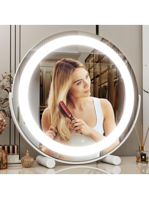 18" Vanity Mirror with Lights, LED Makeup Mirror, Large Round Mirror Lighted Makeup Mirror with Lights, Smart Touch Control 3 Colors Dimmable Mirror 360°Rotation White