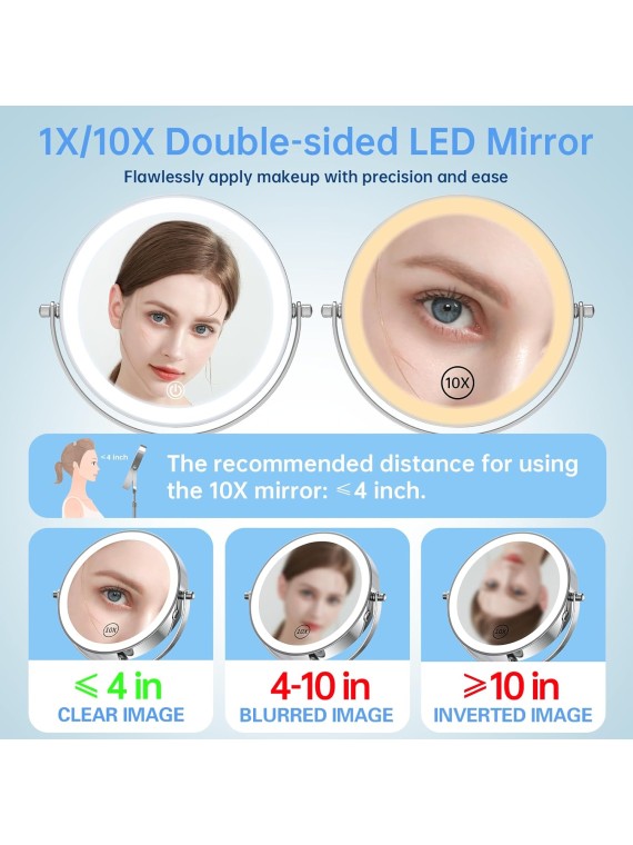 Lighted Makeup Mirror with Magnification, Adjustable Brightness & Height, 3 Light Colors, 360° Rotation, 10X Magnifying Mirror with Light, LED Vanity Mirror for Women - Chrome