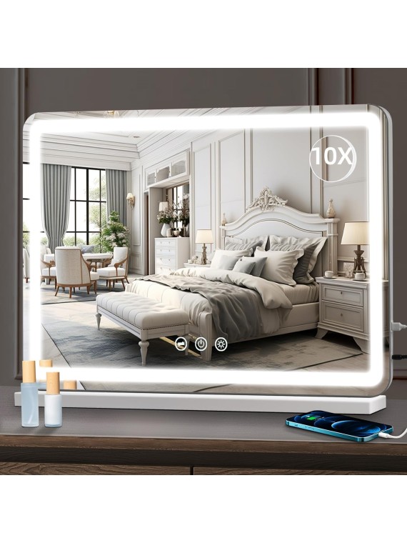 Vanity Mirror with Lights, 32" x 22" Large Makeup Hollywood Mirror for Desk, Lighted Vanity Make up Mirror with USB Charging, 3 Color Lighting Modes Tabletop or Wall Mount White