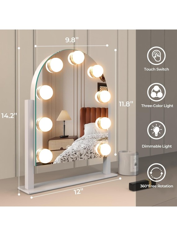 Makeup Mirror with Lights, Vanity Mirror with Lights, Lighted Makeup Mirror, 3 Color Modes, Dimmable Light,360° Rotation