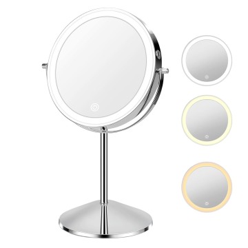 Lighted Makeup Mirror with Magnification, 10X 8’’Rechargeable Double Sided Vanity Mirror with Lights Magnifying Makeup Mirror with 3 Color Light with 360° Rotation, Detachable Base