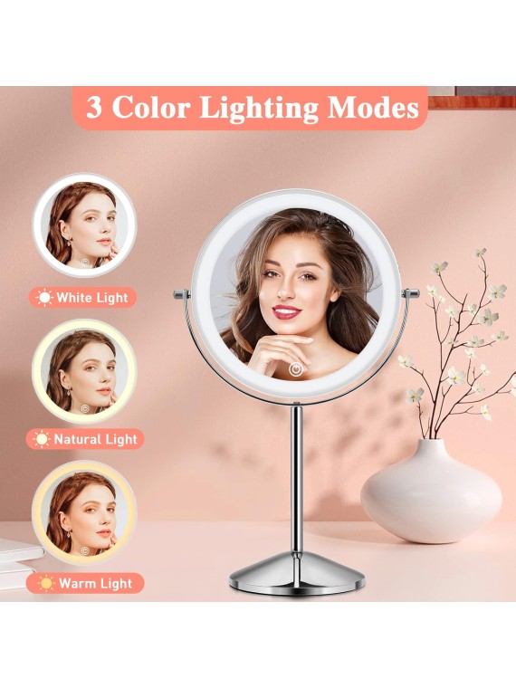 Lighted Makeup Mirror with Magnification, 10X 8’’Rechargeable Double Sided Vanity Mirror with Lights Magnifying Makeup Mirror with 3 Color Light with 360° Rotation, Detachable Base