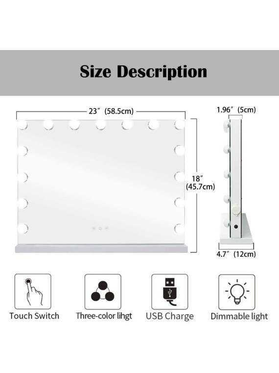 Vanity Mirror Makeup Mirror with Lights,10X Magnification,Large Hollywood Lighted Vanity Mirror with 15 Dimmable LED Bulbs,3 Color Modes,Touch Control for Bedroom,Tabletop or Wall-Mounted