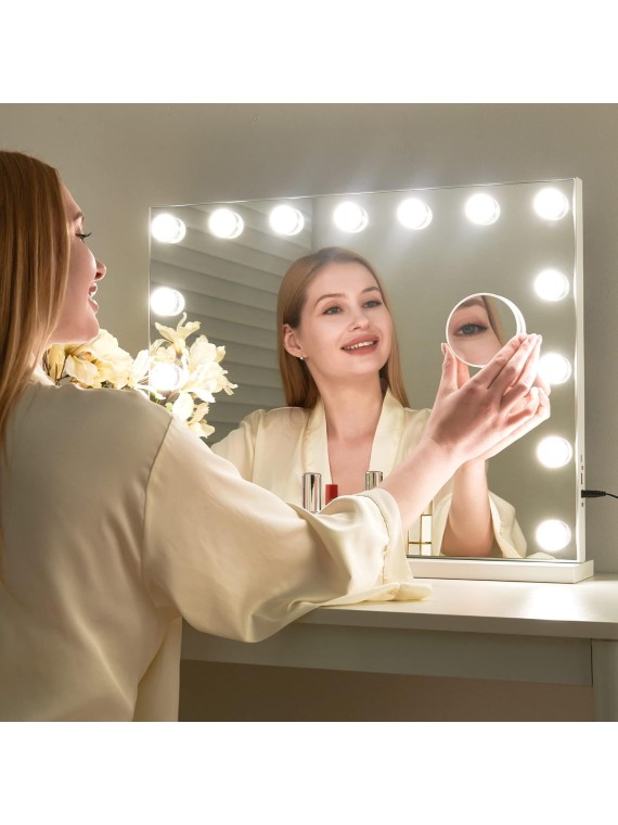 Makeup Vanity Mirror with Lights, Hollywood Makeup Mirror with Dimmable 15 LED Lights, Smart Touch with 3 Colors Adjustment and Charging Station, Matte White-23 x19