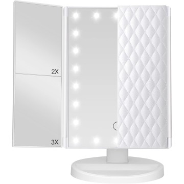 Trifold Vanity Mirror with Lights，Tabletop Mount Makeup Mirror with Lights and 1x/2x/3x Magnification 21LED Mirror Touch Screen Two Power Supply Modes Make Up Mirror