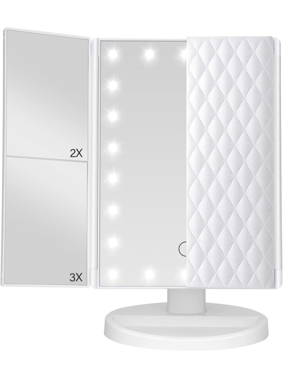 Trifold Vanity Mirror with Lights，Tabletop Mount Makeup Mirror with Lights and 1x/2x/3x Magnification 21LED Mirror Touch Screen Two Power Supply Modes Make Up Mirror