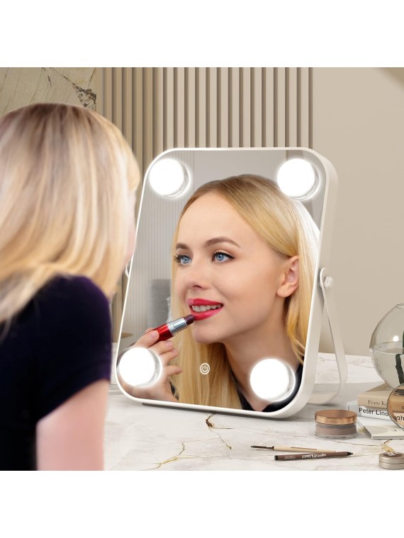 Vanity Mirror with Lights, Hollywood Makeup Mirror with Light, Lighted Tabletop Makeup Mirror with 4 Dimmable LED Bulbs, Portable Travel Makeup Mirror with U-Shaped Bracket, Smart Touch Control