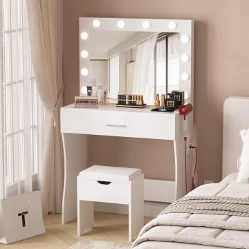 Makeup Vanity Desk with Mirror and 12 Lights 3 Color Modes, White Vanity Table for Bedroom with Charging Station, Vanity Set with Large Mirror and Storage Stool