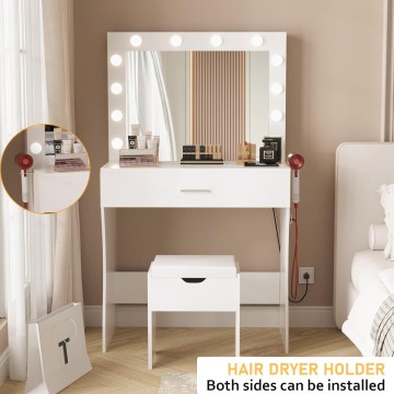 Makeup Vanity Desk with Mirror and 12 Lights 3 Color Modes, White Vanity Table for Bedroom with Charging Station, Vanity Set with Large Mirror and Storage Stool