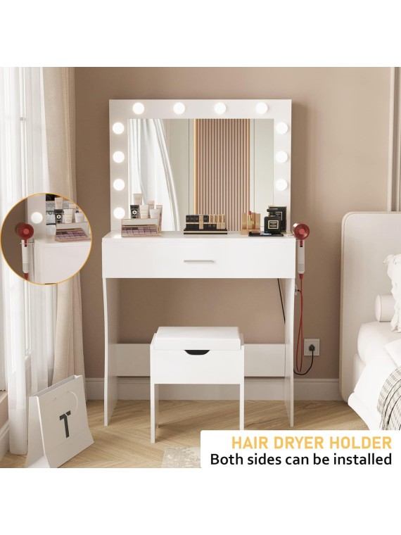 Makeup Vanity Desk with Mirror and 12 Lights 3 Color Modes, White Vanity Table for Bedroom with Charging Station, Vanity Set with Large Mirror and Storage Stool