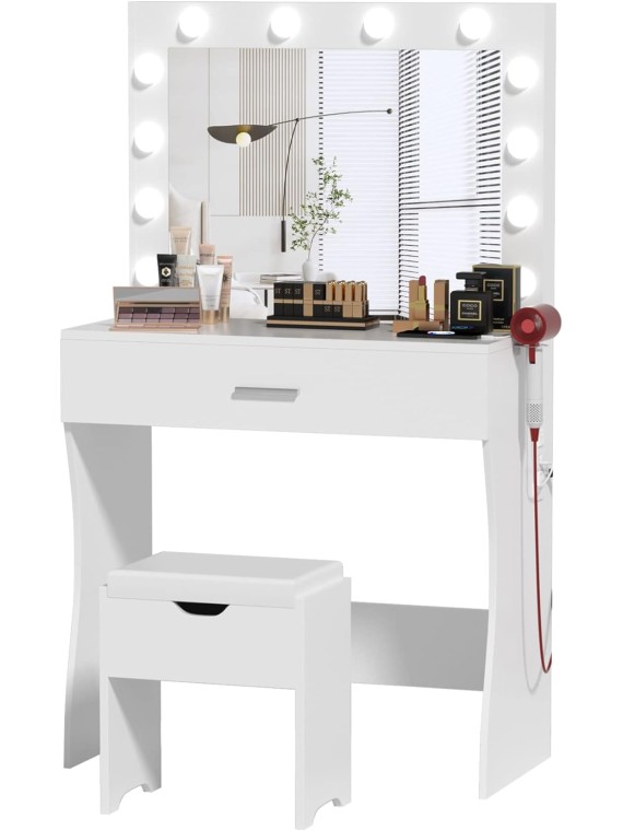 Makeup Vanity Desk with Mirror and 12 Lights 3 Color Modes, White Vanity Table for Bedroom with Charging Station, Vanity Set with Large Mirror and Storage Stool