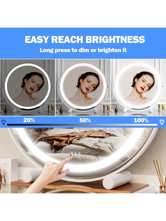 12" Vanity Mirror with Lights, LED Makeup Mirror, Large Round Mirror Lighted Makeup Mirror, Smart Touch Control 3 Colors Dimmable Mirror 360°Rotation White