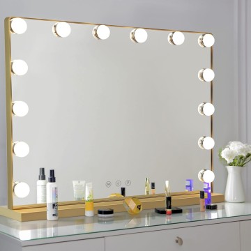 Hollywood Mirror with Lights, 20x16 Inch Vanity Mirror with Lights with 14 Dimmable LED Bulbs and 10X Magnification, Touch Control, 3 Colors Modes, USB Charging Port, Metal Frame, Gold