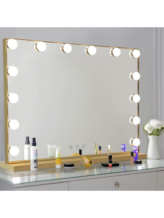 Hollywood Mirror with Lights, 20x16 Inch Vanity Mirror with Lights with 14 Dimmable LED Bulbs and 10X Magnification, Touch Control, 3 Colors Modes, USB Charging Port, Metal Frame, Gold