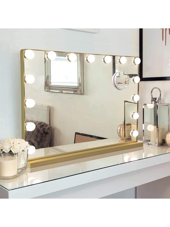 Vanity Mirror with Lights, Hollywood Mirror with 10X Magnification, Makeup Mirror with USB Charging Port, 3 Colors Modes, 15 Dimmable LED Bulbs, Touch Control, Metal Frame, Gold(22.8’’x17.3’’)