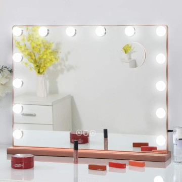 Hollywood Vanity Mirror with Lights, 20x16 Inch Makeup Mirror with Lights with 14 Dimmable LED Bulbs and 3 Colors Modes, 10X Magnification, Touch Control, USB Charging Port, Rose Gold