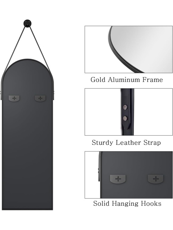 16"x48" Hanging Mirror with Leather Strap,Arched Full Length Mirror with Aluminum Frame Wall-Mounted Hanging Mirrors for Bathroom Vanity Living Room Bedroom Entryway Décor, Black