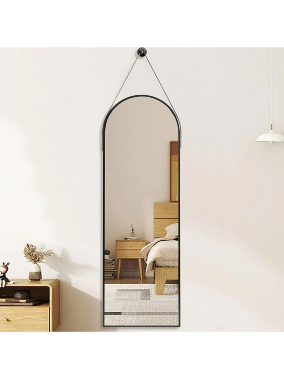 16"x48" Hanging Mirror with Leather Strap,Arched Full Length Mirror with Aluminum Frame Wall-Mounted Hanging Mirrors for Bathroom Vanity Living Room Bedroom Entryway Décor, Black