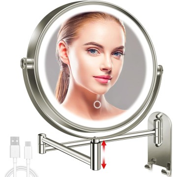 9" Wall Mounted Lighted Makeup Mirror, 3000mAh Rechargeable Double Sided 1X/10X Magnifying Mirror with Hook,3 Color Lights Dimmable 360° Rotation Vanity Mirror for Bathroom