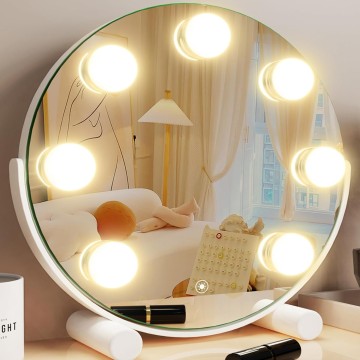 Vanity Mirror with Lights, 13" Hollywood Mirror Tabletop Makeup Mirror with 7 Dimmable LED Bulbs, Large Lighted Mirror for Bedroom Smart Touch Control 3 Colors Light 360°Rotation,