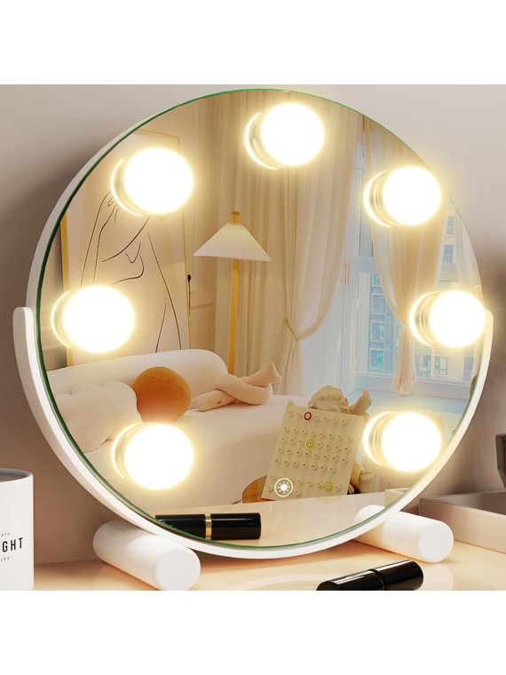 Vanity Mirror with Lights, 13" Hollywood Mirror Tabletop Makeup Mirror with 7 Dimmable LED Bulbs, Large Lighted Mirror for Bedroom Smart Touch Control 3 Colors Light 360°Rotation,