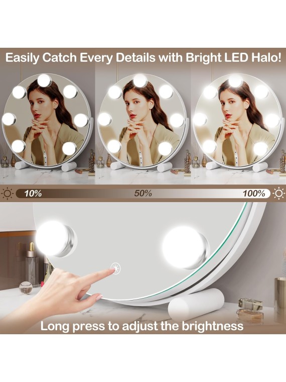 Vanity Mirror with Lights, 13" Hollywood Mirror Tabletop Makeup Mirror with 7 Dimmable LED Bulbs, Large Lighted Mirror for Bedroom Smart Touch Control 3 Colors Light 360°Rotation,