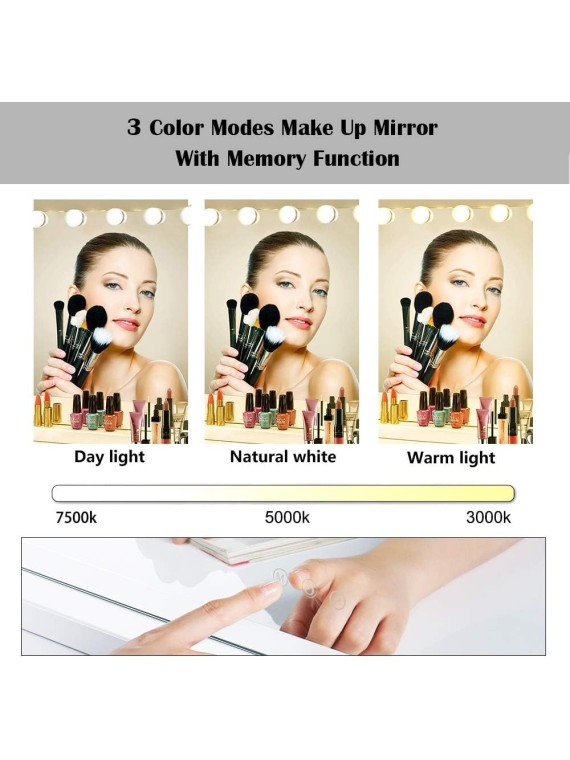 Vanity Mirror Makeup Mirror with Lights,Large Hollywood Lighted Vanity Mirror with 18 Dimmable LED Bulbs,3 Color Modes,Touch Control for Dressing Room & Bedroom,Tabletop or Wall-Mounted