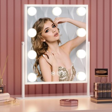 Vanity Makeup Mirror with Lights with 10X Magnification Lighted Hollywood Mirror with 9 LED Dimmable Bulbs Hollywood Vanity Mirror,11.8”x9.8”,360 Degree Rotation(White)