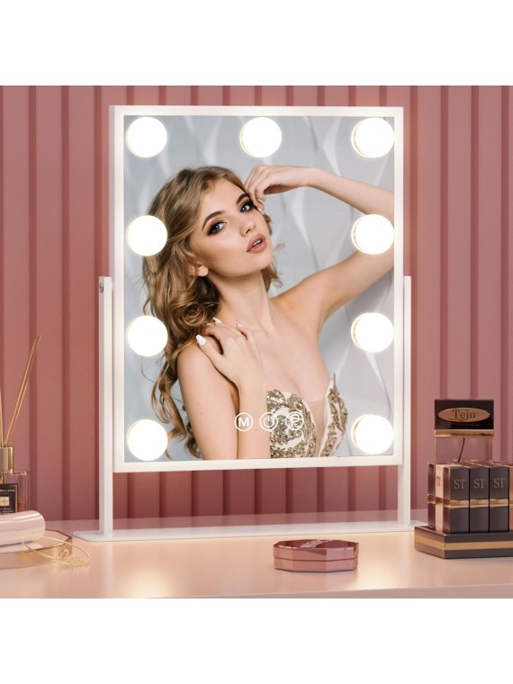 Vanity Makeup Mirror with Lights with 10X Magnification Lighted Hollywood Mirror with 9 LED Dimmable Bulbs Hollywood Vanity Mirror,11.8”x9.8”,360 Degree Rotation(White)