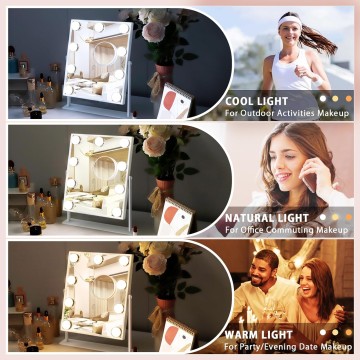 Vanity Makeup Mirror with Lights with 10X Magnification Lighted Hollywood Mirror with 9 LED Dimmable Bulbs Hollywood Vanity Mirror,11.8”x9.8”,360 Degree Rotation(White)