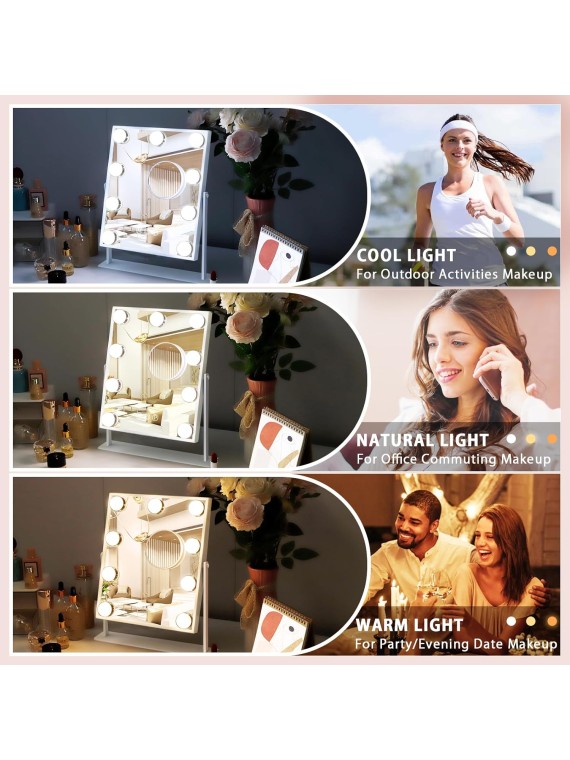 Vanity Makeup Mirror with Lights with 10X Magnification Lighted Hollywood Mirror with 9 LED Dimmable Bulbs Hollywood Vanity Mirror,11.8”x9.8”,360 Degree Rotation(White)