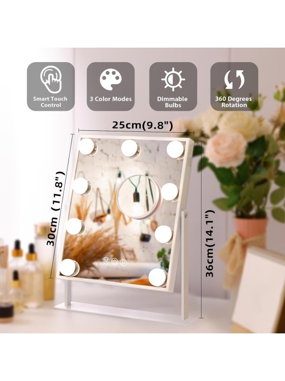 Vanity Makeup Mirror with Lights with 10X Magnification Lighted Hollywood Mirror with 9 LED Dimmable Bulbs Hollywood Vanity Mirror,11.8”x9.8”,360 Degree Rotation(White)