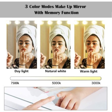 Vanity Mirror Makeup Mirror with Lights,10X Magnification,Large Hollywood Lighted Vanity Mirror with 15 Dimmable LED Bulbs,3 Color Modes,Touch Control for Bedroom,Tabletop or Wall-Mounted