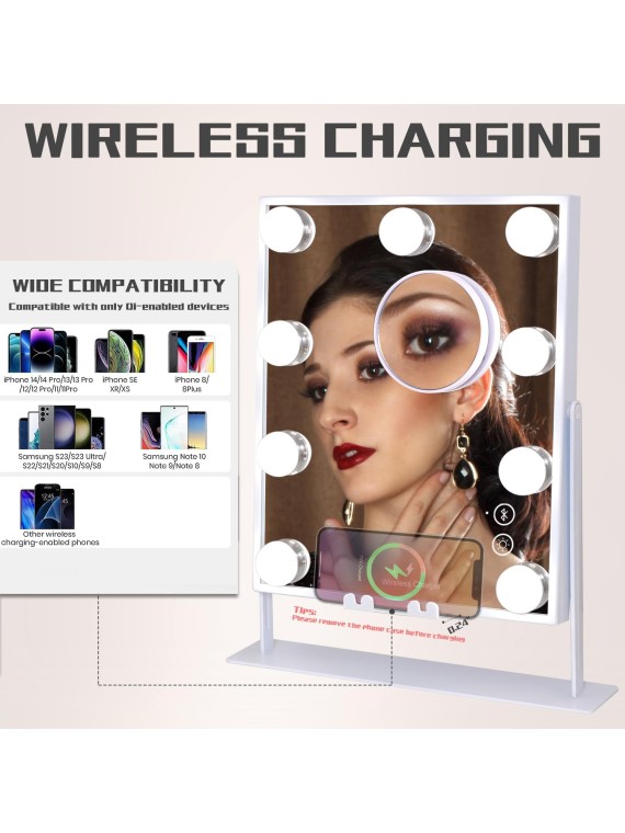 Vanity Mirror with Lights and Bluetooth, Wireless Charging Lighted Vanity Mirror with Phone Stand, 9-Bulb 3 Color Lighting Tabletop Lighted Makeup Mirror, 360°Rotation