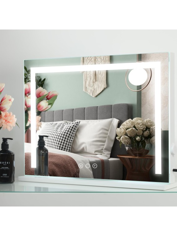 Hollywood Vanity Mirror Large Makeup Mirror with Lights, Metal Frame, Dimmable 3 Modes, Touch Control, USB Charging, Tabletop or Wall-Mounted, 22.83" x 17.5", White