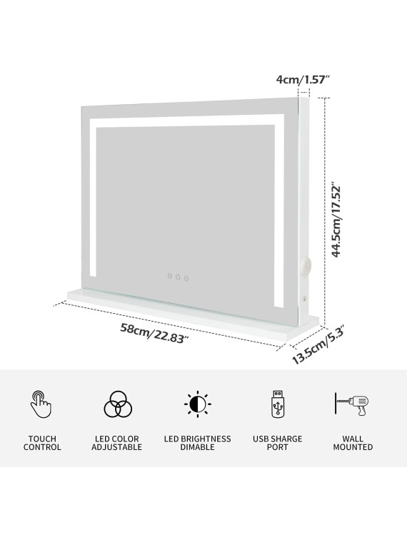 Hollywood Vanity Mirror Large Makeup Mirror with Lights, Metal Frame, Dimmable 3 Modes, Touch Control, USB Charging, Tabletop or Wall-Mounted, 22.83" x 17.5", White