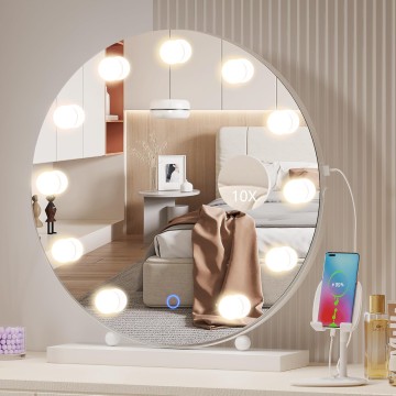  Hollywood Makeup Vanity Mirror with Lights, 20" LED Mirror with 10X Magnification, Lighted Up Desk Mirror w 3 Color Modes & Dimmable, White