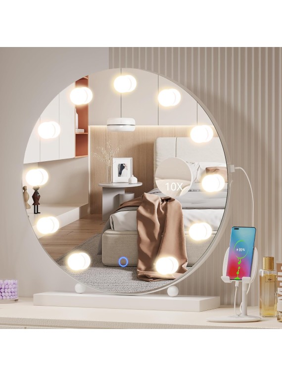  Hollywood Makeup Vanity Mirror with Lights, 20" LED Mirror with 10X Magnification, Lighted Up Desk Mirror w 3 Color Modes & Dimmable, White