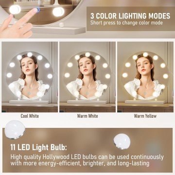  Hollywood Makeup Vanity Mirror with Lights, 20" LED Mirror with 10X Magnification, Lighted Up Desk Mirror w 3 Color Modes & Dimmable, White