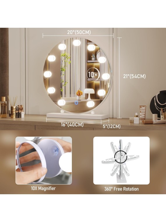  Hollywood Makeup Vanity Mirror with Lights, 20" LED Mirror with 10X Magnification, Lighted Up Desk Mirror w 3 Color Modes & Dimmable, White