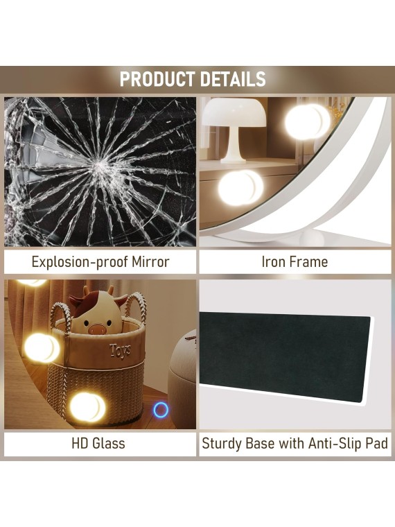  Hollywood Makeup Vanity Mirror with Lights, 20" LED Mirror with 10X Magnification, Lighted Up Desk Mirror w 3 Color Modes & Dimmable, White