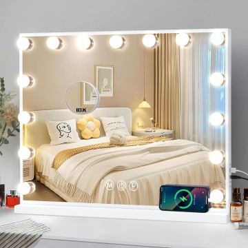 Vanity Mirror with Lights, Hollywood Mirror with 15 Dimmable Bulbs and USB Charging Port, 3 Color Lighted Makeup Mirror 10X Magnification Makeup Mirror with lights, Tabletop