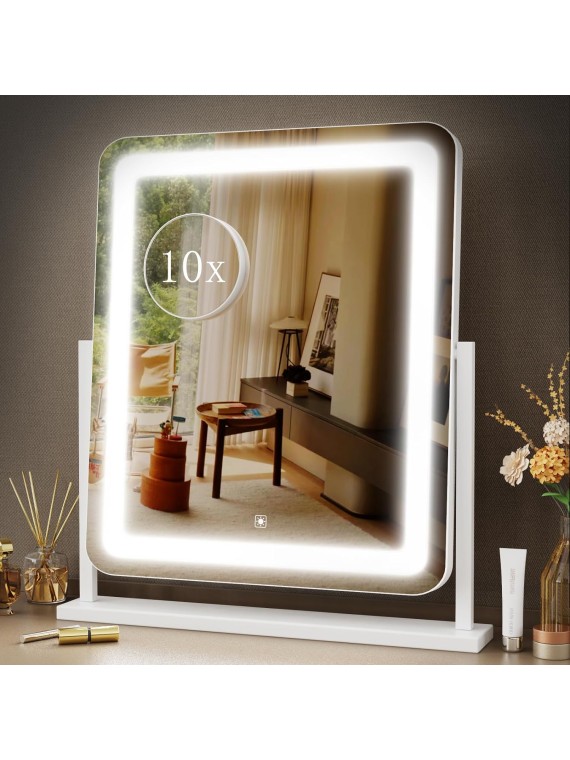 Makeup Vanity Mirror with Lights 15.2" Large LED Lighted Mirror, Hollywood Make Up Mirror with Lighting for Bedroom Tabletop, Smart Touch,Detachable 10X Magnification 360° Rotation, (White)