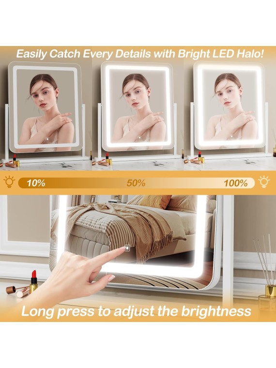 Makeup Vanity Mirror with Lights 15.2" Large LED Lighted Mirror, Hollywood Make Up Mirror with Lighting for Bedroom Tabletop, Smart Touch,Detachable 10X Magnification 360° Rotation, (White)