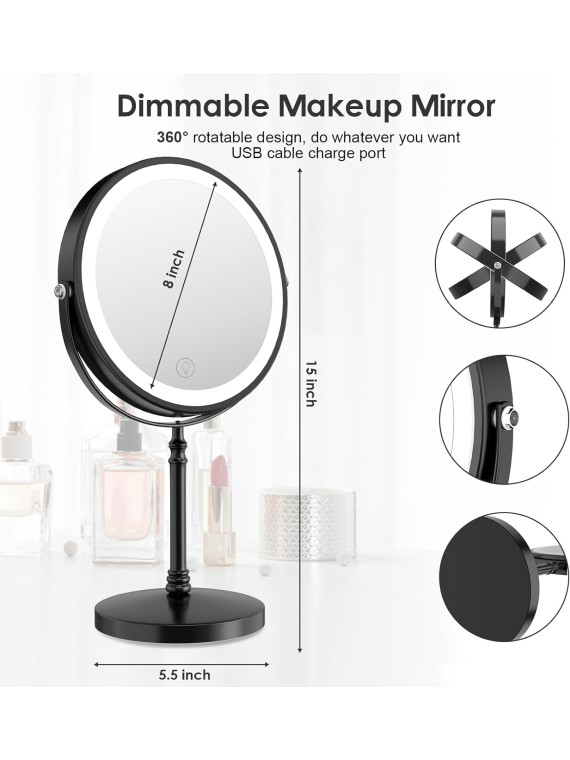 Lighted Makeup Mirror, 8" Rechargeable Double Sided Magnifying Mirror with 3 Colors, 1x/10x 360° Rotation Touch Screen Vanity Mirror with Lights, Brightness Adjustable Magnification Light up Mirror