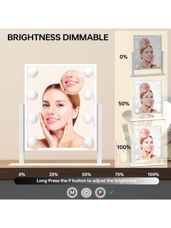 Hollywood Vanity Mirror with Lights for Desk, 8 Dimmable Bulbs, 3 Color Light, Touch Control, Lighted Makeup Mirrors with Lighting for Dorm White