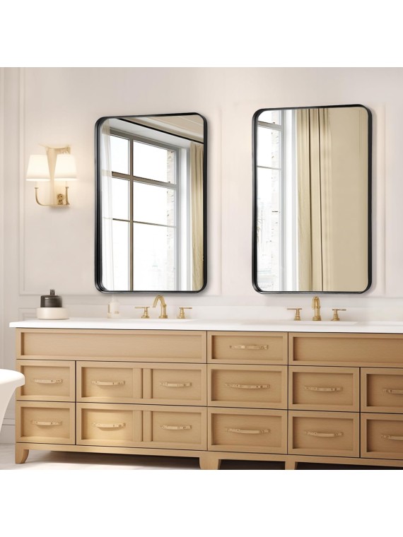 Black Bathroom Mirror 24x36 Inch - Matte Framed Rectangle Wall Mirror, Modern Large Mirrors Wall Mounted for Bathroom, Farmhouse, Hangs Vertically or Horizontally