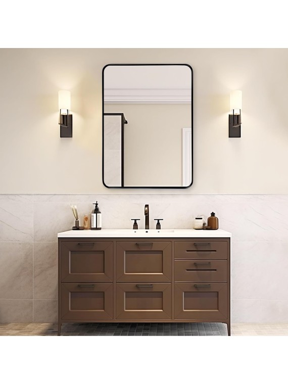 Black Bathroom Mirror 24x36 Inch - Matte Framed Rectangle Wall Mirror, Modern Large Mirrors Wall Mounted for Bathroom, Farmhouse, Hangs Vertically or Horizontally